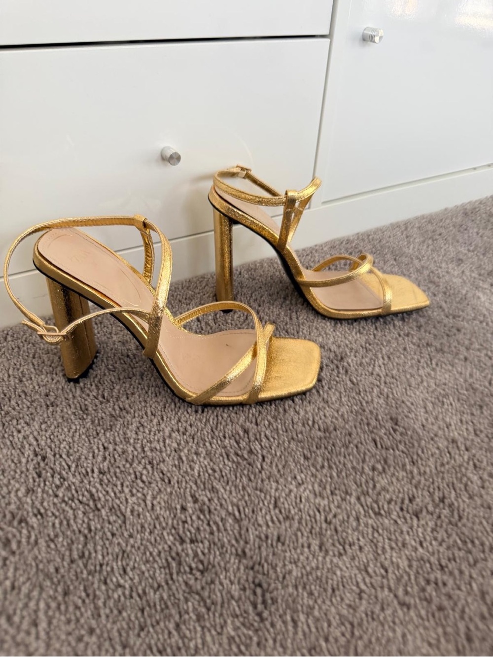 Zara Metallic Gold Strappy Block Heel Sandals